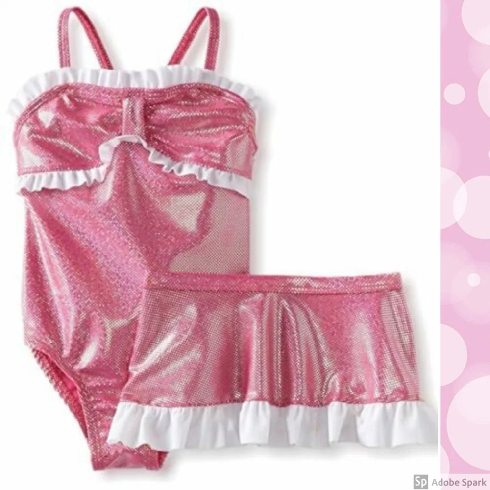 Baby‎ Buns Girls 2T Pink One Piece Ruffle Swimsuit with Coverup Skirt Set NWT